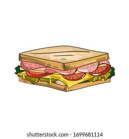 Vector de sándwich. Concepto de desayuno vectorial - sándwich con verduras, pan frito con productos orgánicos. Dibujo de estilo plano.