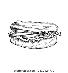 Sandwich, vector graphics, hand drawn sketch. Black and white graphics