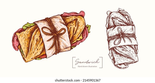 Sandwich-Vektorgrafik, handgezeichnet einzeln auf weißem Hintergrund. Schnelles Essen im Gravierstil. Baguette, Schinken, Speck, Käse, Gurken. Vektorgrafik für Karte, Paket, Menü, Restaurants, Textilien