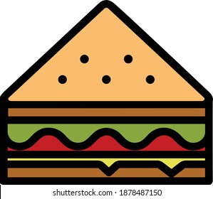 Sandwich Vector Icon in Filled Outline Style. A sandwich is a food typically consisting of vegetables, cheese, meat, placed on or between slices of bread. Vector illustration icon for app, web, logo