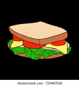 Sandwich vector illustration. Ham, cheese, tomato and lettuce. Doodle style. Design icon, print, logo, symbol, decor, textile, paper.