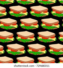 Sandwich vector illustration. Ham, cheese, tomato and lettuce. Doodle style. Design icon, print, logo, symbol, decor, textile, paper.