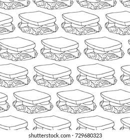 Sandwich vector illustration. Ham, cheese, tomato and lettuce. Doodle style. Design icon, print, logo, symbol, decor, textile, paper.