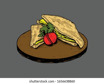 Sandwich vector. Vector illustration of a tuna fish sandwich on wheat bread with a pickle spear.