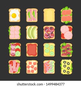 Sandwich vector set with different ingredients. Fast food traditional breakfast and dinner. Illustration for cafe and restaurant menu.