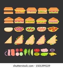 Sandwich vector set with different ingredients. Fast food traditional breakfast and dinner. Illustration for cafe and restaurant menu.