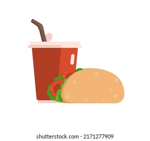 Vector de sándwich con refresco. Icono plano de dibujos animados aislado en blanco.