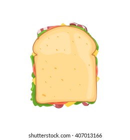 Sandwich vegetable with bacon and cheese top view. Vector illustration isolated on white background for web design or brochure printing