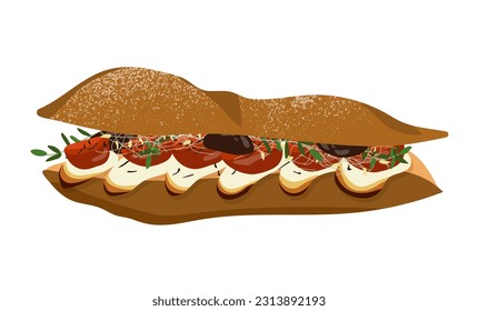 Sandwich mit Gemüse- und Fleischkonzept. Fast Food und Café und Catering-Menü. Wurst und Fett mit Käse und Mayonnaise. Cartoon-FlachVektorgrafik einzeln auf weißem Hintergrund