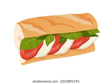 Sandwich with vegetables and meat concept. Hot dog with salad, tomato slices and cheese. Junk but tasty food. Poster or banner. Cartoon flat vector illustration isolated on white background