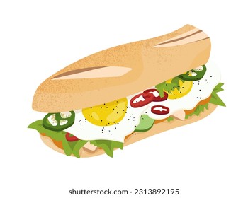 Sandwich with vegetables and meat concept. Hot dog with eggs, salad and pepper. Fast food, junk and fat eating. Social media sticker. Cartoon flat vector illustration isolated on white background