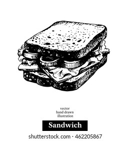 Sandwich. Vintage fast food hand drawn sketch illustration. Isolated background. Menu design