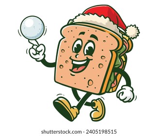 Sandwich wearing Christmas hat and play snowballs cartoon mascot illustration character vector clip art