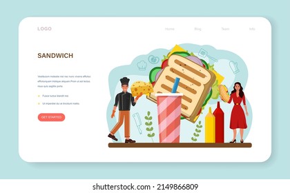 Sandwich web banner or landing page. Variety of delicious sandwiches for breakfast. Toast with ham, turkey or bacon, cheese, salad and tomatoes. Delicious lunch snack. Flat vector illustration