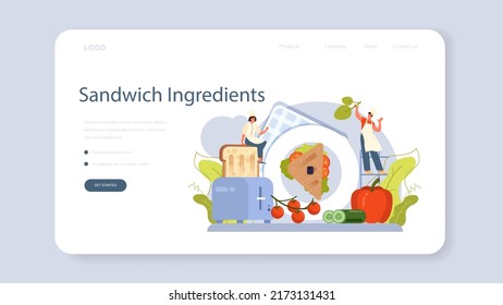 Sandwich web banner or landing page. Variety of delicious sandwiches for breakfast. Toast with bacon, egg, cheese, salad and tomatoes. Delicious lunch snack. Flat vector illustration