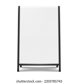 Sandwich white board with black frame front view realistic vector mock-up. Blank A-frame advertising display mockup. Outdoor sidewalk sign template for design svg