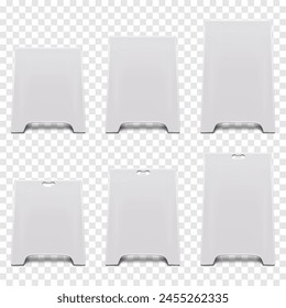 Sandwich white board, easel banner front view. Vector mock-up set. Blank A-frame display mockup kit. Floor advertising sign with handle cut. Template for design