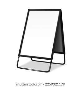 Sandwich white board vector mock-up. Blank A-frame advertising display mockup. Black metal frame outdoor sidewalk sign. Template for design svg