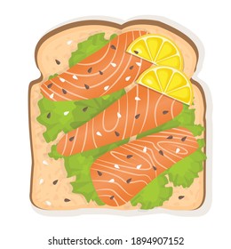 Sandwich with white toast bread, salmon slices, lemon slices, sesame seeds and lettuce. Vector illustration of a healthy breakfast for poster, advertisement, menu, web, restaurant. Healthy lifestyle.