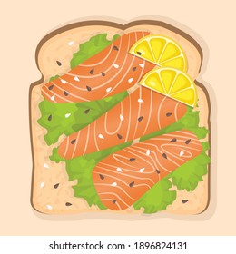 Sándwich con pan tostado blanco, rodajas de salmón, lonchas de limón, semillas de sésamo y lechuga. Ilustración vectorial de un desayuno saludable para afiches, publicidad, menú, web, restaurante. Estilo de vida saludable.