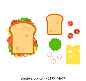 Sandwiche top view with tomato, onion, salad, cheese isolated on white background, snack for breakfast and lunch, flat vector illustration