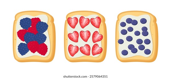 Sandwiches with Berries Collection. Toast Breakfast Set.