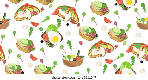 Sandwiches with bread, egg, mushroom, greens, bell pepper, tomato, sliced vegetables. Appetizer food on white seamless pattern. Snacks. Fast food. Cooking lunch, dinner, breakfast. Vector illustration