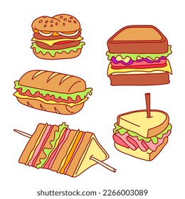 Sandwiches and burgers. Colorful hand drawn vector illustrations set isolated on background. Outline stroke is not expanded, stroke weight is editable