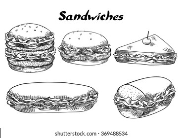 Sandwiches, burgers. Isolated set