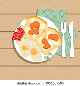 Sandwiches with butter and salmon and scrambled eggs on a white plate. Dish on a wooden table with napkins and cutlery. Healthy eating. Vector illustration