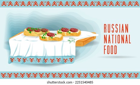 sandwiches with butter and sausage lie on a towel with an ornament, a flat illustration of traditional food