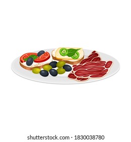 Sandwiches with Cheese, Olives and Tomatoes as Spanish Cuisine Snacks Served on Plate Vector Illustration