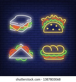 Sandwiches with cheese, tomatoes and lettuce neon signs set. Snack, meal, food design. Night bright neon sign, colorful billboard, light banner. Vector illustration in neon style.