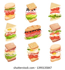 Sandwiches collection. Different forms and composition. Vector illustration.