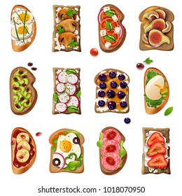Sandwiches colorful cartoon set with egg vegetable tomato salami mushroom sweet fruit ingredients isolated vector illustration