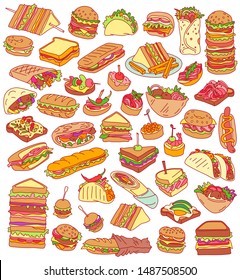 Sandwiches  Colorful hand drawn vector set isolated background  Various fast food meals    burgers  tacos  sliders  tapas  falafel  burritos  subs  toasts  deli wraps   rolls