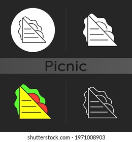 Sandwiches dark theme icon. Ham and cheese sandwich. Meat slices and salads between bread pieces. Breakfast, lunchtime. Linear white, simple glyph and RGB color styles. Isolated vector illustrations