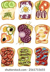 Sandwiches with different fillings.Various toast toppings in color vector collection.