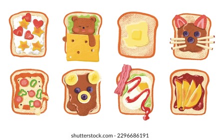 Sandwiches with different ingredients vector illustrations set. Slices of bread with fruits, cheese, butter, chocolate spread, pizza, bacon, egg, peach, jam. color pencil hand drawn toasted bread 