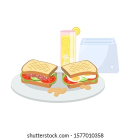 Sandwiches with egg, salami, vegetables and lemonade breakfast vector illustration