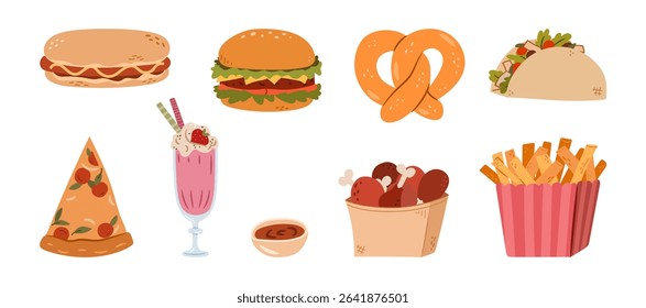 Sandwiches and fast food, snacks from diners, kiosks and restaurants. Vector milkshake and pretzel, pizza and french fries, burger and hot dog, taco with meat and veggies, sauce and chicken legs