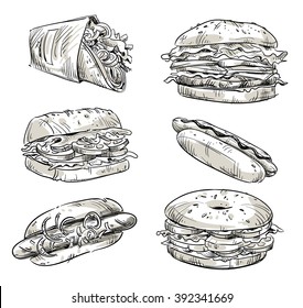 Sandwiches. Schnelles Essen. Snacks. Vektorgrafik. 