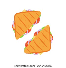 Sandwiches with ham, cheese, tomatoes, lettuce, and toasted bread. Top view of two halves of sandwich isolated  on white background. Vector