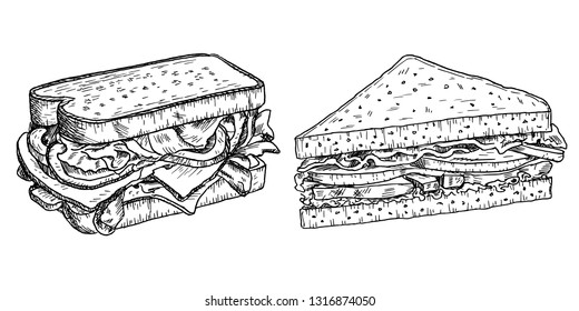 Sandwiches hand drawn vector illustration. Fast food engraved style, sketch isolated on white background.