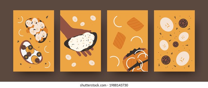 Sandwiches illustrations set in bright colors. Colorful set of various toasts isolated on orange background. Banana, creme cheese, salmon, tomato, onion, egg. Food concept for banner, website design