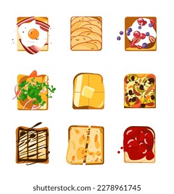 Sandwiches item collection ;  set of delicious sandwiches filled with egg, meat, bacon,  cheese,  vegetables, butter,  chocolate, strawberries, berries. Vector illustration in flat cartoon style.