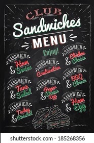 Sandwiches menu the names, ham swiss, chicken cheese, tuna salad, bbq, ham egg, pepper, turkry roasted in retro style drawing with color chalk on chalkboard background.