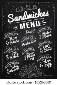 Sandwiches menu the names, ham swiss, chicken cheese, tuna salad, bbq, ham egg, pepper, turkry roasted in retro style drawing with chalk on chalkboard background.