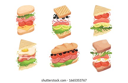Sandwiches with Multiple Layers Isolated on White Background Vector Set