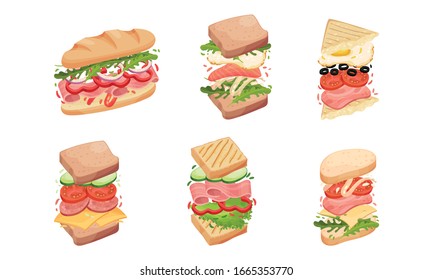 Sandwiches with Multiple Layers Isolated on White Background Vector Set